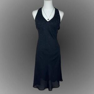 y2k vintage black beaded slip dress sheer overlay mini midi cocktail dress